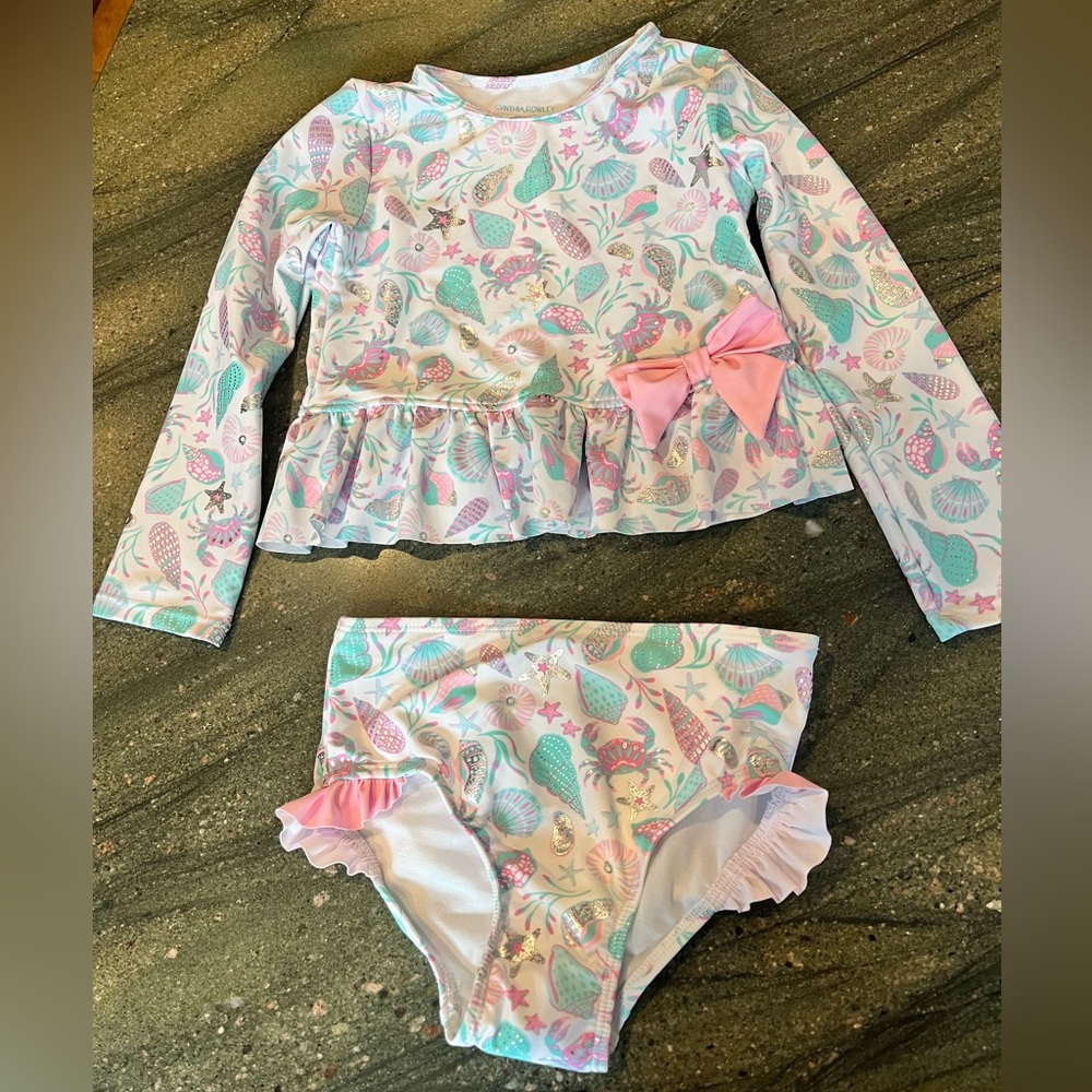 Cynthia Rowley Pastel Mermaid Print Long-Sleeve Rashguard Set w/Pink Bow NWOT’s